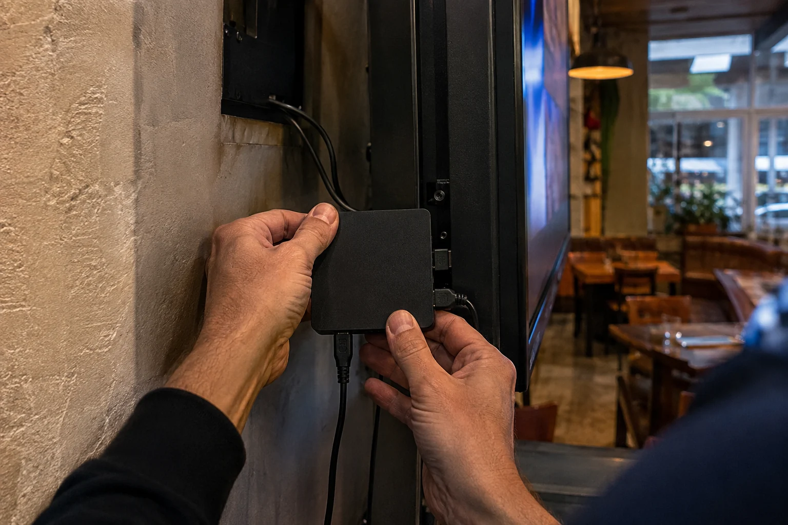 Kompaktni HDMI uređaj postavljen iza televizora.